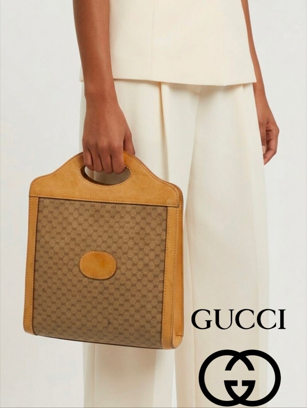 Gucci Italy Vintage Signature GG Punch Tote Canvas & Leather Bag 002 904 0028